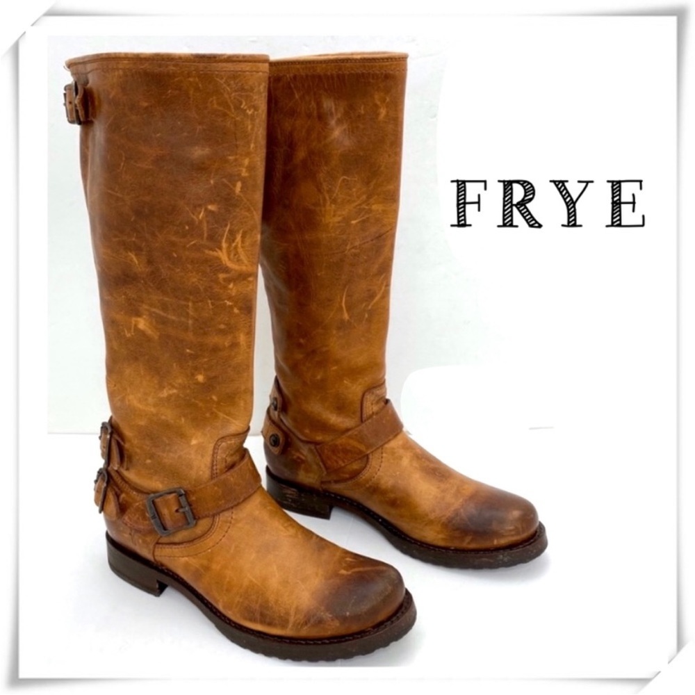 Frye Veronica Buckled Strap Back Zip High Top Riding Boot in Whiskey Tan size 7